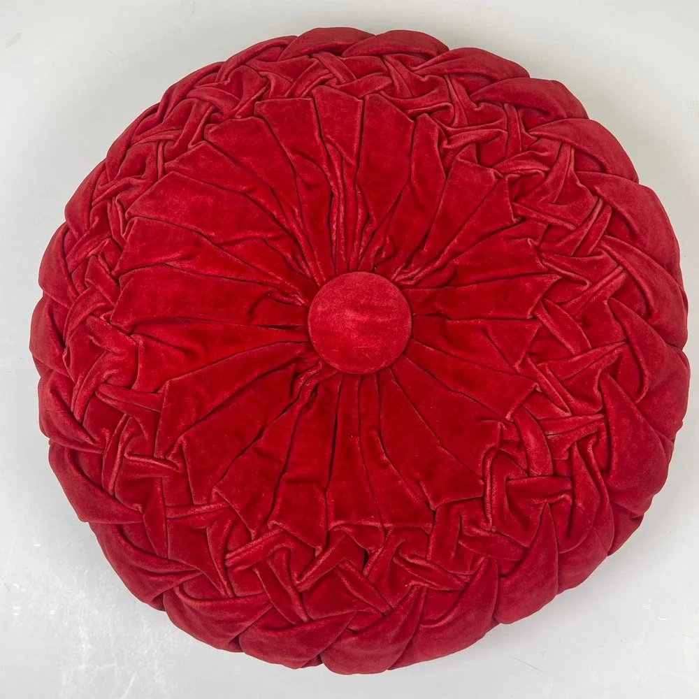 Round Smocked Velvet Decorative Throw Pillow Red Mid-Century Modern Accent